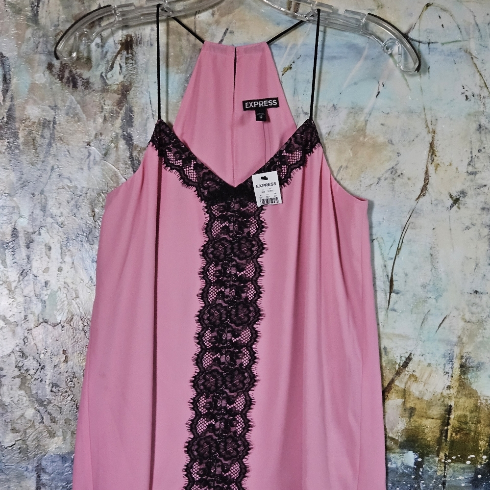 NWT EXPRESS Pink Halter Cami Top with Black Lace Trim & Center Panel Sz XS